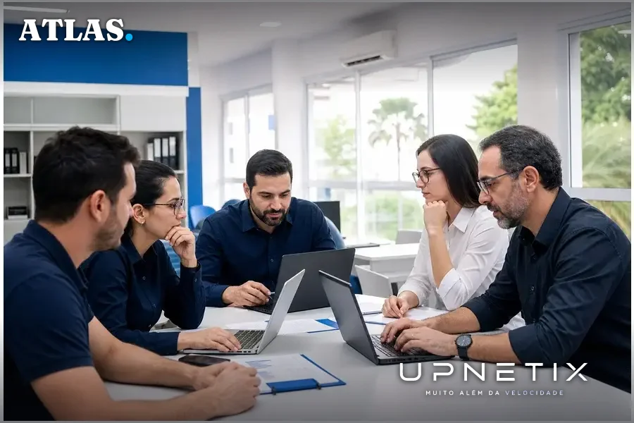 Especialistas de TI reunidos em ambiente corporativo moderno discutindo cibersegurança na UFRN.