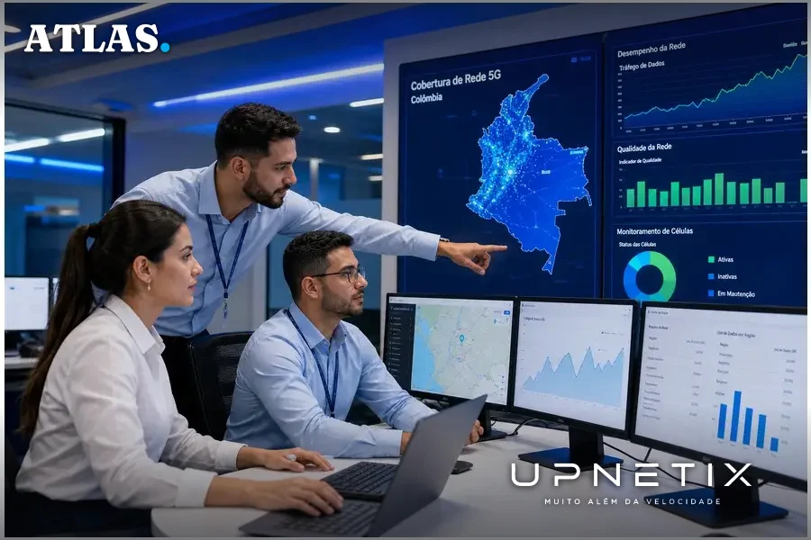 Equipe técnica da Telecall monitorando a implantação da rede 5G na Colômbia em uma sala de operações moderna.