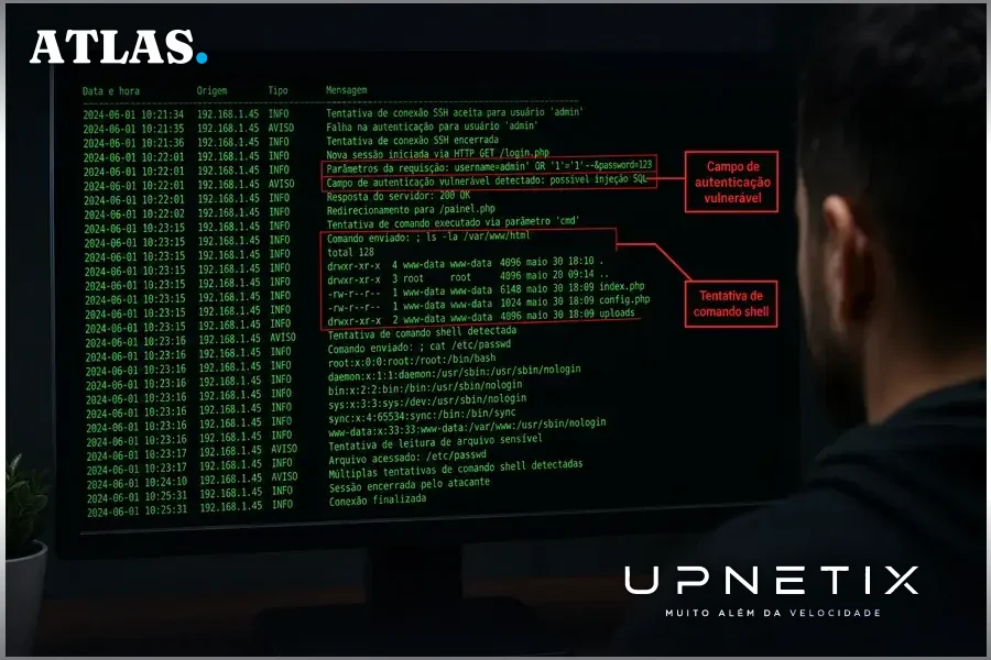 Tela de terminal mostrando logs de tentativas de execução de código malicioso em appliance Citrix NetScaler.