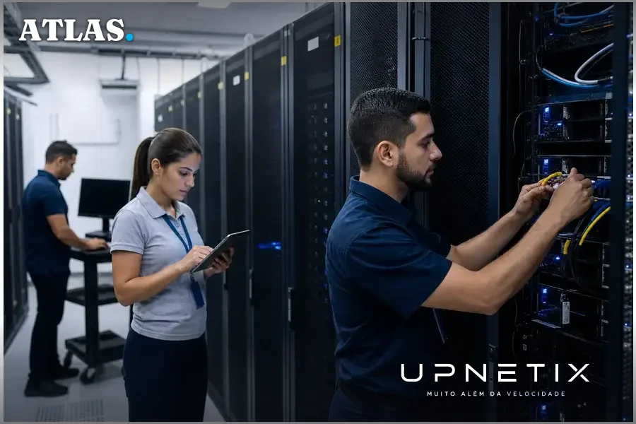 Data center moderno na América Latina com técnicos operando servidores em ambiente corporativo.