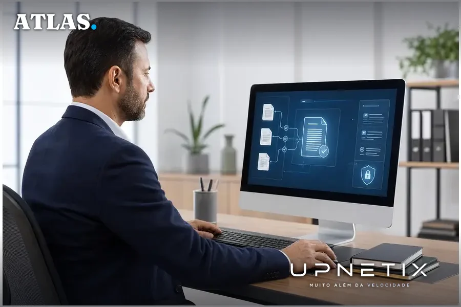 Executivo brasileiro trabalhando com contratos digitais em computador, representando governança e segurança.