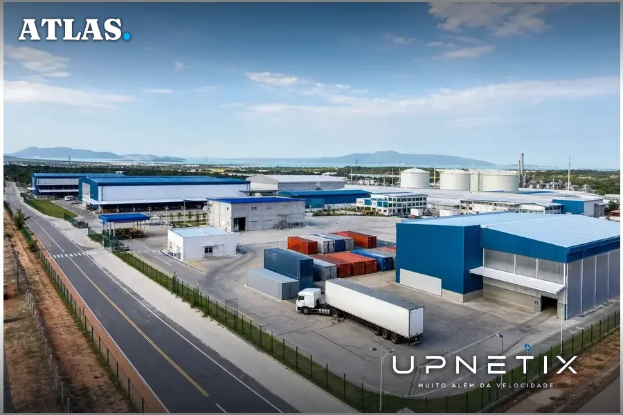 Vista aérea realista da Zona de Processamento de Exportação (ZPE) de Pecém, Ceará