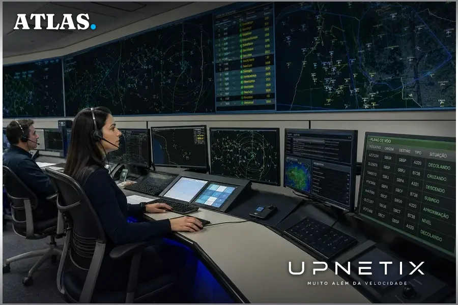 Operadores de controle aéreo monitorando sistemas de radar e comunicações em painel do TRACON.