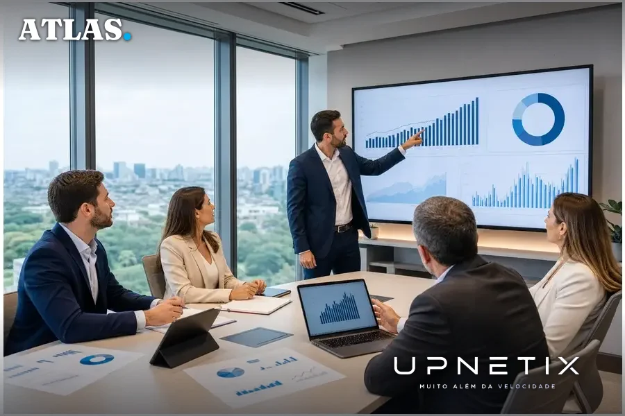 Executivos brasileiros discutem projeções de investimentos em data centers e IA em reunião corporativa.