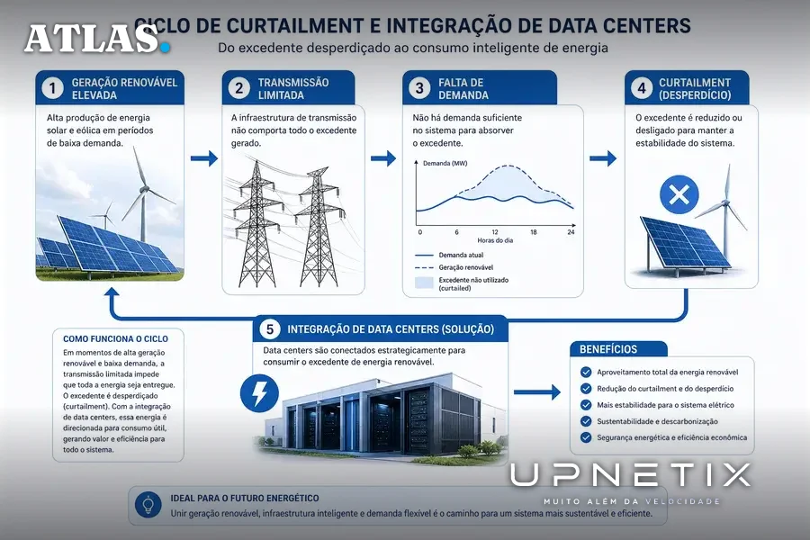 Diagrama conceitual explicando o fenômeno do curtailment e a solução dos data centers para absorver energia excedente.