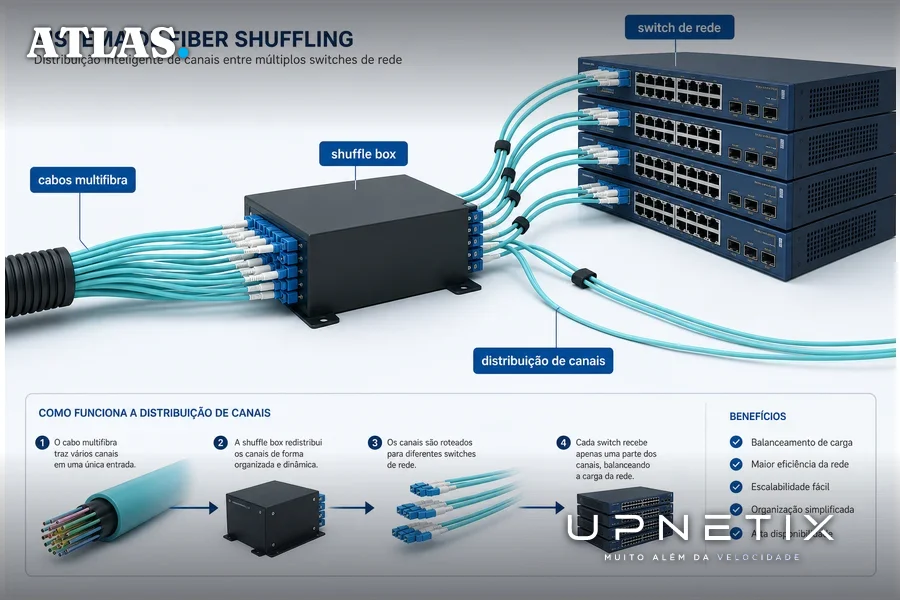 Diagrama realista mostrando o conceito de fiber shuffling dividindo conexões ópticas entre múltiplos switches em data center.