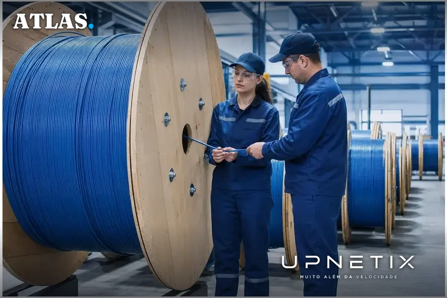 Bobinas de fibra óptica monomodo em estoque industrial limpo e organizado.