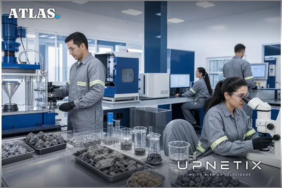 Operação industrial de beneficiamento de minerais críticos com equipamentos avançados em ambiente corporativo realista.