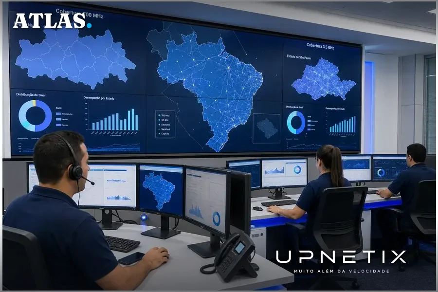 Técnicos de telecomunicações analisando mapas digitais das regiões Norte e São Paulo, mostrando cobertura do espectro 700 MHz e 3,5 GHz.
