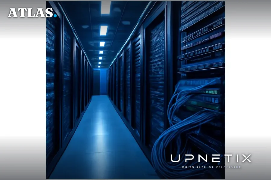Interior de um data center com servidores e equipamentos de rede em destaque.