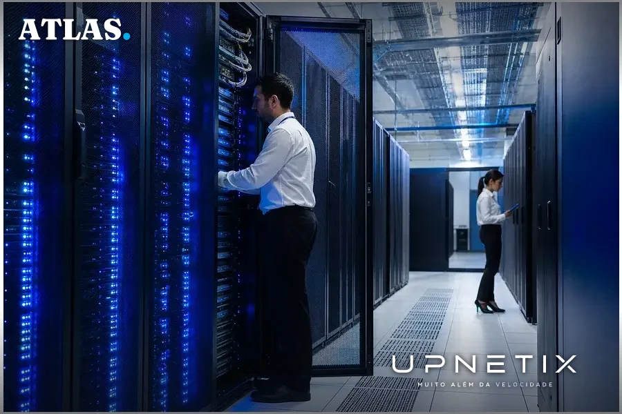 Interior realista de um data center brasileiro com servidores e técnicos trabalhando.