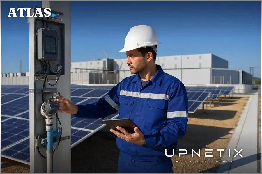 Engenheiro ambiental brasileiro medindo consumo energético em usina solar de data center.