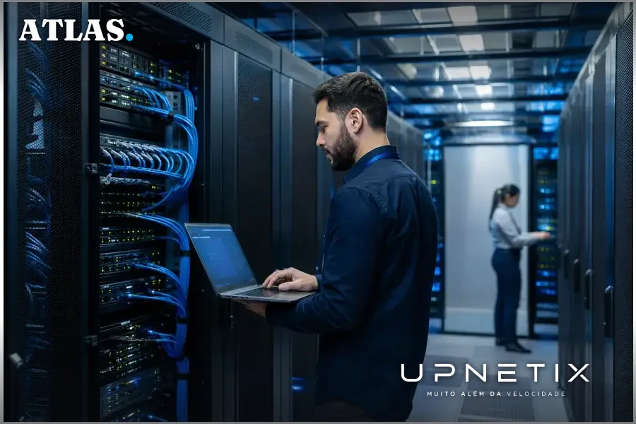 Datacenter moderno com servidores e infraestrutura para inteligência artificial e migração para nuvem.