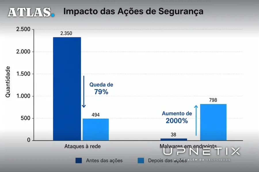 Gráfico de barras mostrando queda de ataques e aumento de malwares detectados