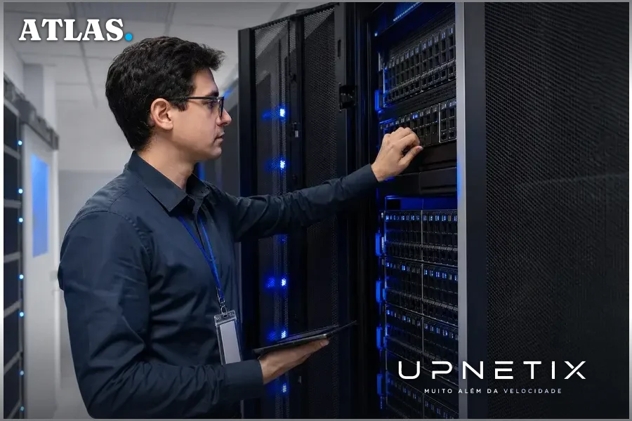 Data center moderno com servidores em operação para segurança e controle de dados digitais.