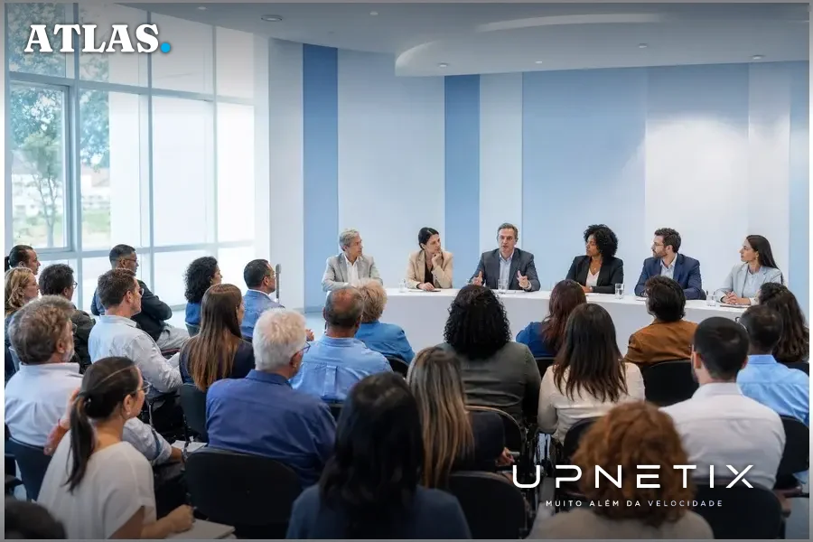Reunião comunitária com moradores e representantes do governo discutindo impactos de data centers