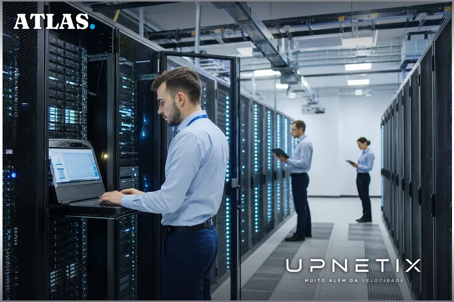 Data center europeu moderno com técnicos inspecionando servidores em ambiente corporativo realista.