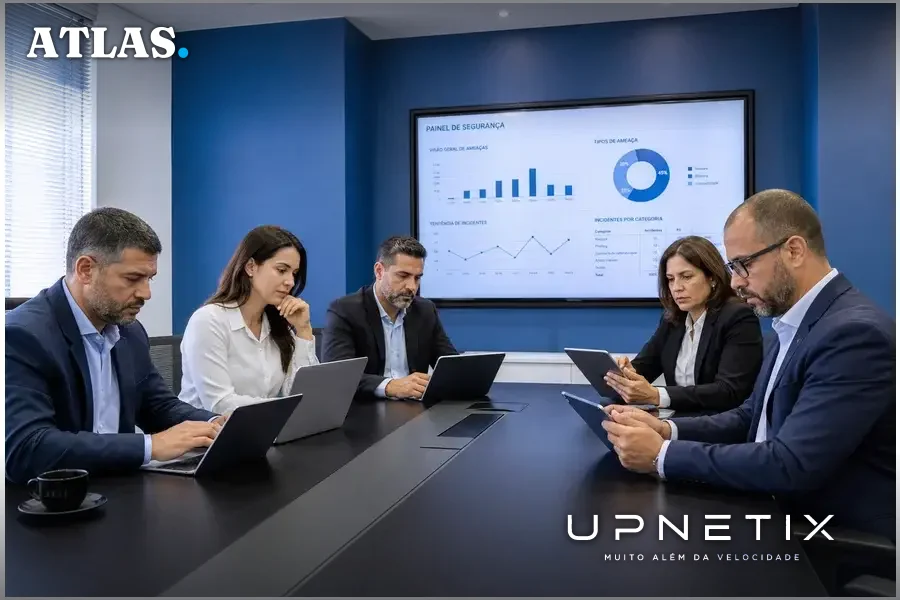 Grupo de CISOs brasileiros analisando relatórios de segurança em sala de reuniões corporativa moderna.