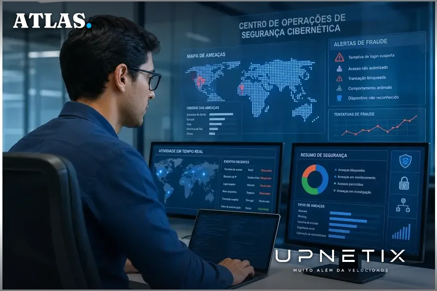 Profissional de segurança cibernética analisando dados de tentativas de fraude em múltiplas telas em ambiente corporativo moderno, estilo realista.