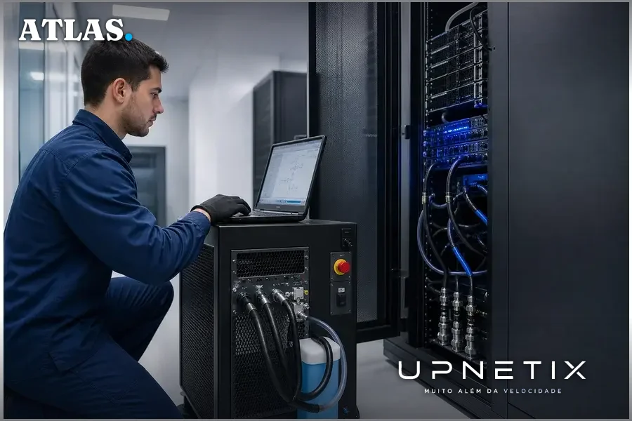 Técnico da Starline realizando teste com load bank compatível com refrigeração líquida em data center.
