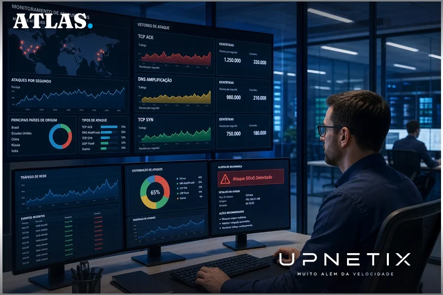 Engenheiro de segurança cibernética monitorando vetores de ataques DDoS em ambiente corporativo