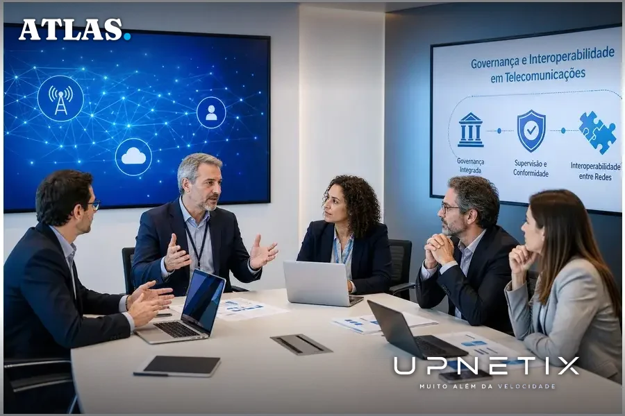 Reunião de gestores discutindo governança e desafios das redes de telecomunicações.