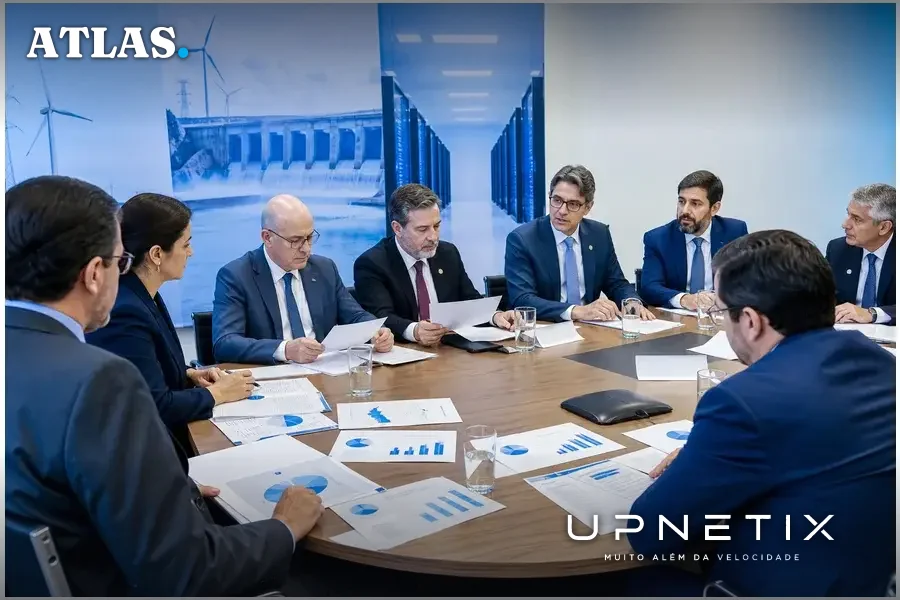 Reunião formal da Frente Parlamentar pelo Brasil Competitivo discutindo Redata em ambiente corporativo.