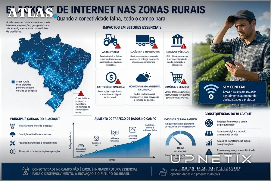 Diagrama realista ilustrando risco de blackout de Internet nas zonas rurais brasileiras, com áreas afetadas e setores impactados
