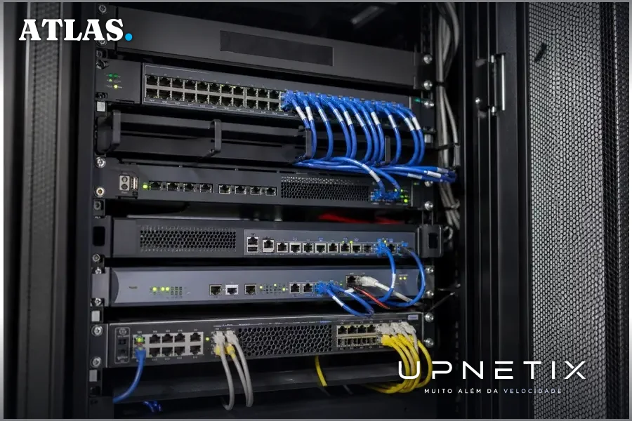 Equipamentos de rede como switches, roteadores e firewalls instalados em rack de data center