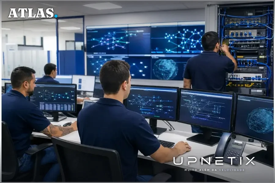 Engenheiros monitorando operações de rede em pequeno provedor regional