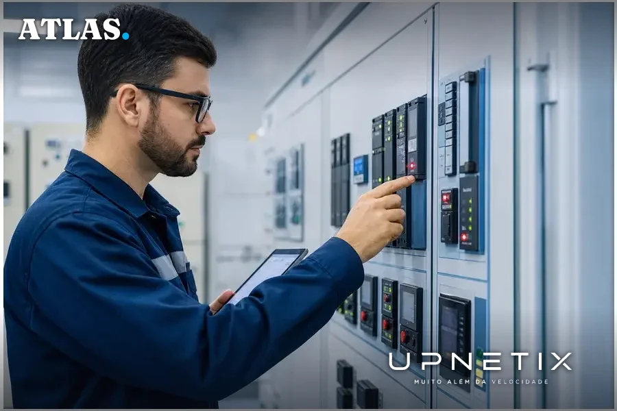 Engenheiro monitorando painel de controle físico em ambiente de tecnologia operacional