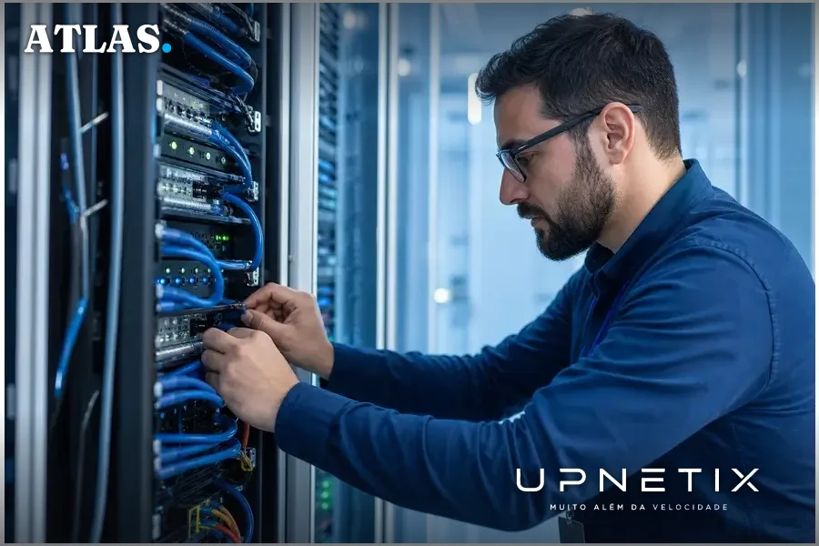 Servidor de nuvem corporativo moderno em data center com iluminação fria.