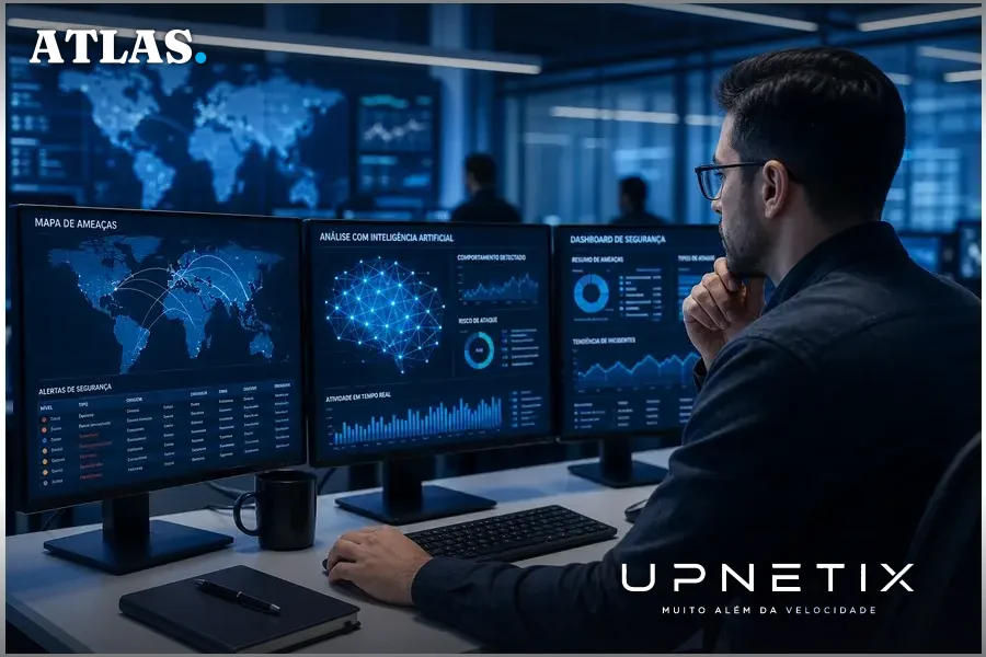Profissional de segurança cibernética analisando dados em um centro de operações de rede moderno com telas digitais e IA.