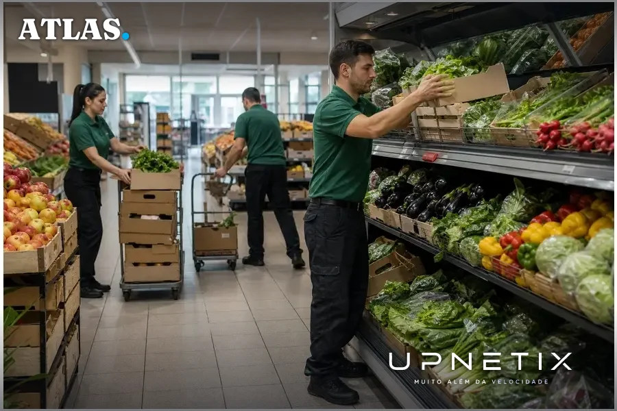 Funcionários reabastecendo supermercado francês com alimentos frescos após ataque hacker