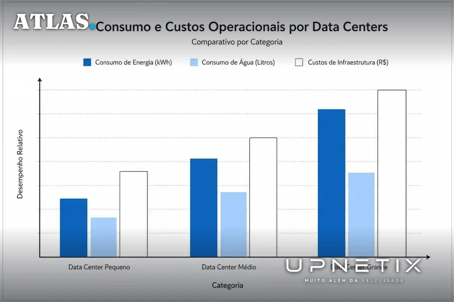 Gráfico em português ilustrando categorias de consumo e custos de data centers.