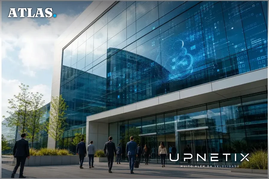 Prédio corporativo de empresa de tecnologia com reflexos digitais nas janelas