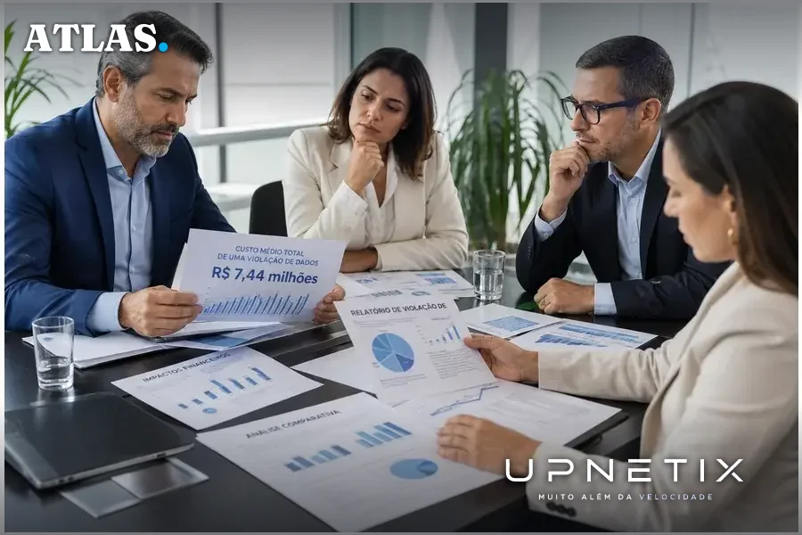 Executivos brasileiros em reunião analisando relatórios financeiros sobre violação de dados