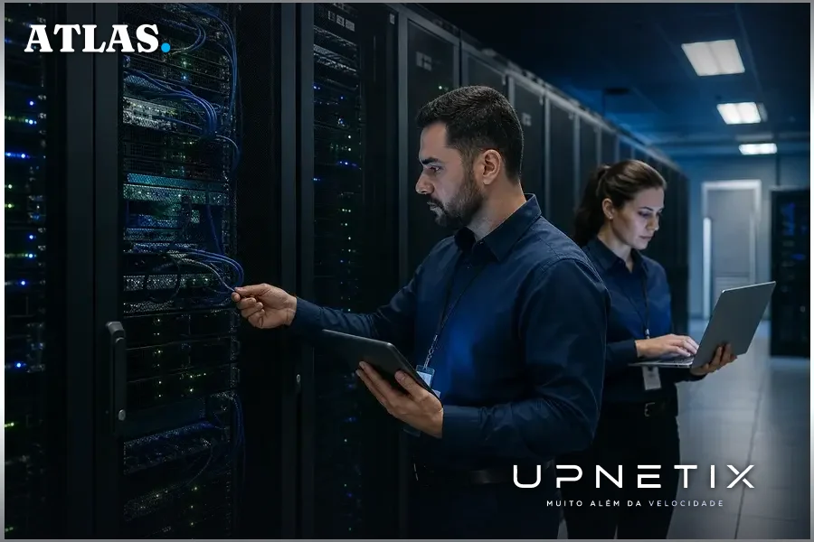Técnicos em segurança cibernética inspecionando servidores em data center corporativo moderno