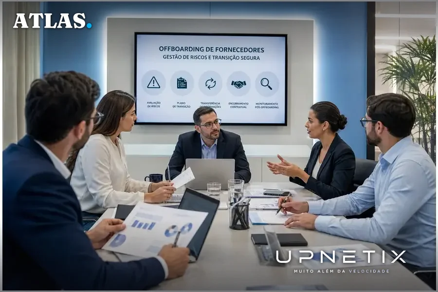 Profissionais em reunião corporativa discutindo offboarding de fornecedores em ambiente moderno e claro