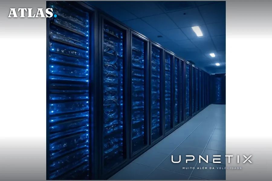 Datacenter moderno com servidores e equipamentos de rede iluminados em azul