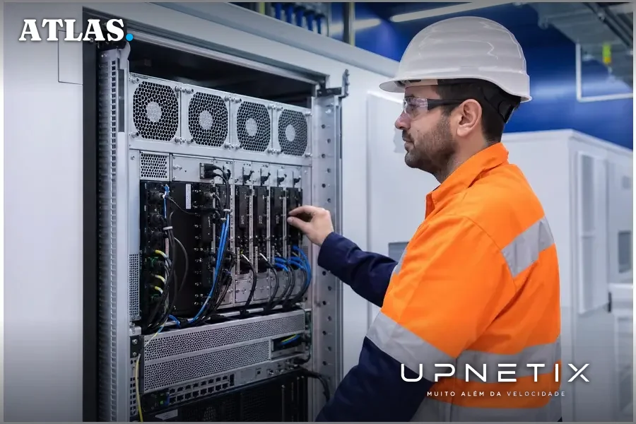 Equipamento Cognitive Edge Node (CEN) da Nokia instalado em ambiente de mineração, foto realista de hardware tecnológico.