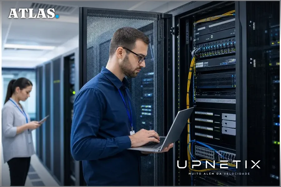 Interior de um data center moderno com racks de servidores e equipamentos de rede.