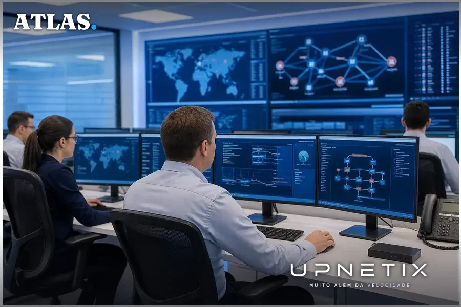 Técnicos em segurança cibernética monitorando simulações de ataques digitais em ambiente corporativo moderno e iluminado.