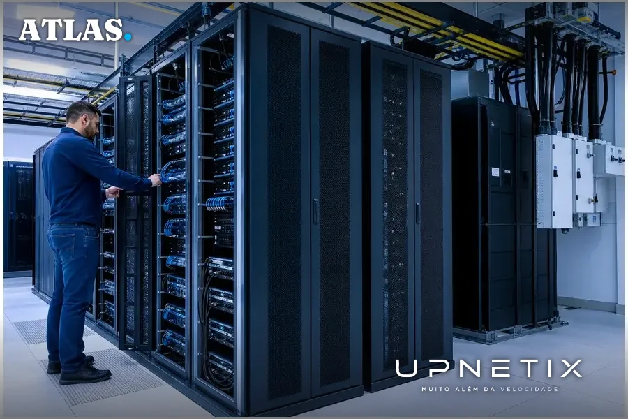 Rack de servidores de alta densidade em data center com infraestrutura elétrica e refrigeração visíveis.