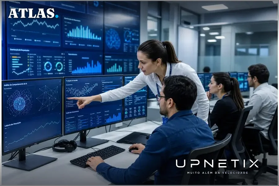 Equipe de engenheiros de SRE monitorando sistemas de IA em sala de operações corporativa moderna