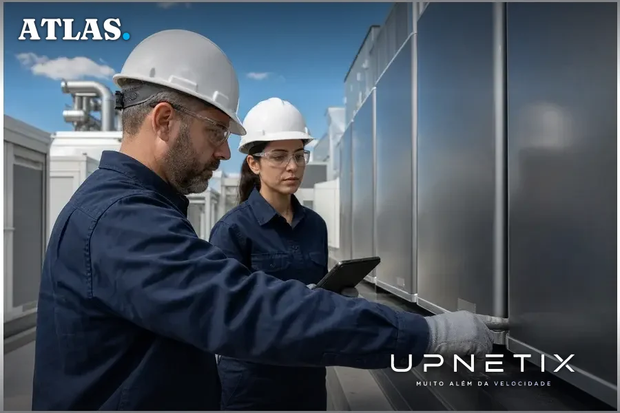 Equipe técnica inspecionando células de combustível Bloom Energy em data center