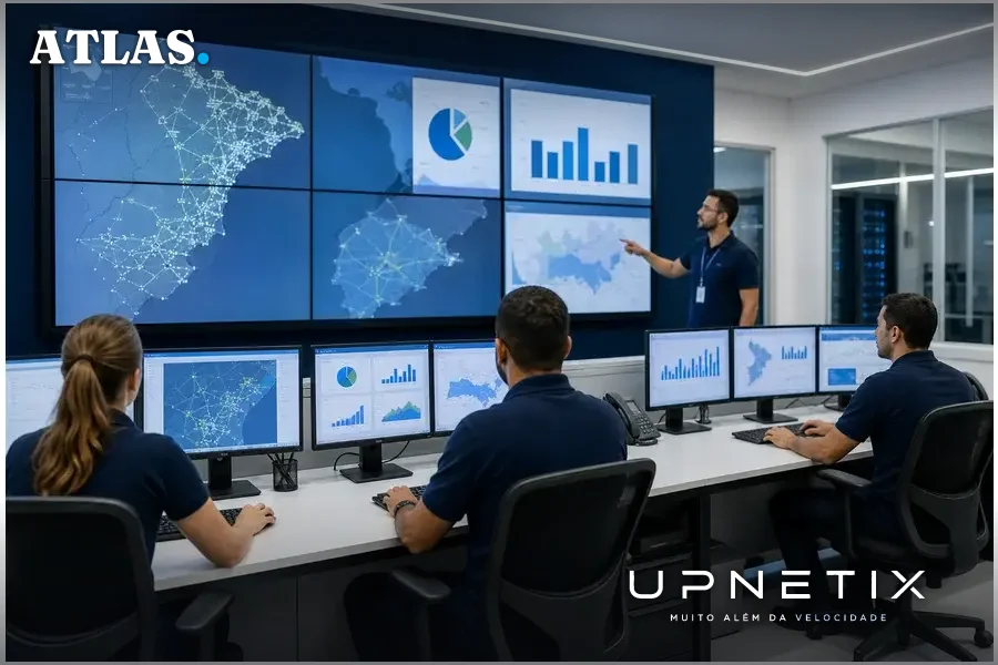 Equipe de analistas em centro de operações de provedores regionais acompanhando cobertura de rede e finanças.