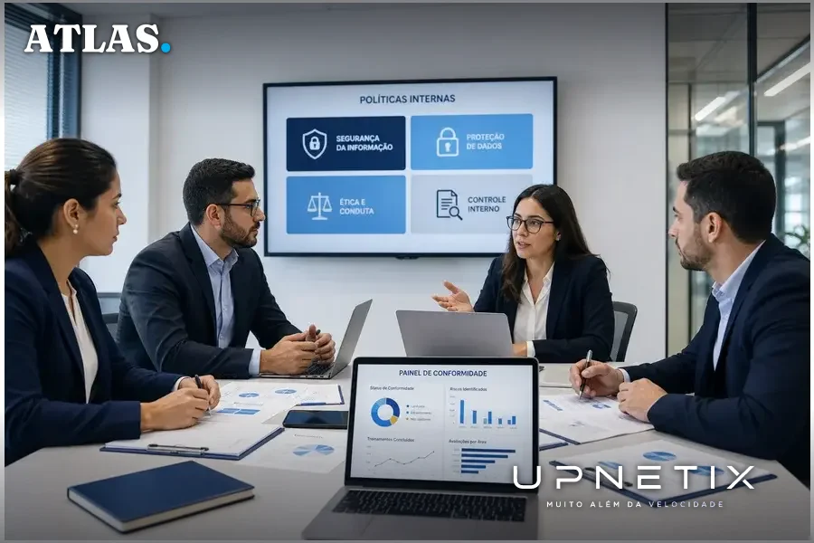 Equipe corporativa em reunião discutindo conformidade com proteção de dados em ambiente moderno