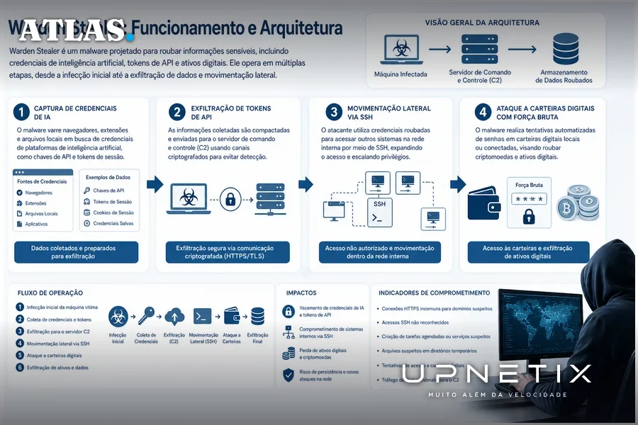 Diagrama explicativo do funcionamento do malware Warden Stealer e suas técnicas de ataque.