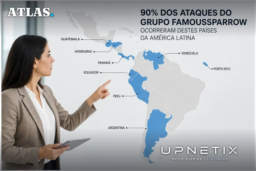 Mapa da América Latina destacando países alvo dos ataques do grupo APT FamousSparrow